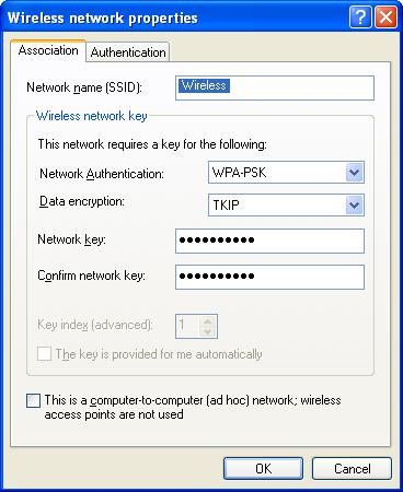Figure 35: Wireless Network Properties- WPA-PSK Configure this screen as follows: Set Network Authentication to WPA-PSK. For Data Encryption, select TKIP.