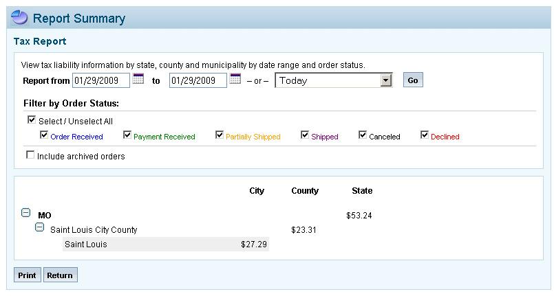 Ecommerce User Manual 101 Tax Report The Tax Report displays all taxes collected for a specific date range. Taxes are broken down by State, County, and Municipality.