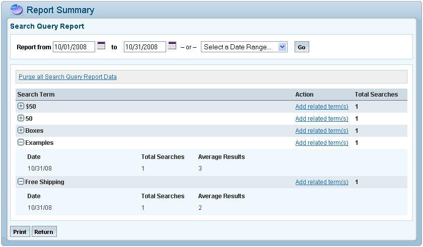 102 E-Commerce Help Manual Search Query Report The Search Query report returns all search terms entered into the search function on the storefront.