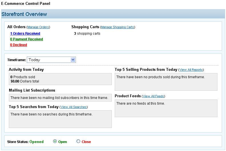 60 E-Commerce Help Manual Store Status You can quickly open or close your store to your customers from the Control Panel by selecting the Open or Close options.