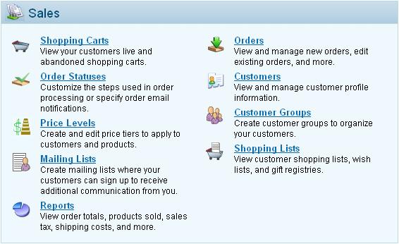 64 E-Commerce Help Manual Sales Sales Overview Options available under the Sales tab allow you to manage orders, track customer behavior, edit customer information and generate reports.