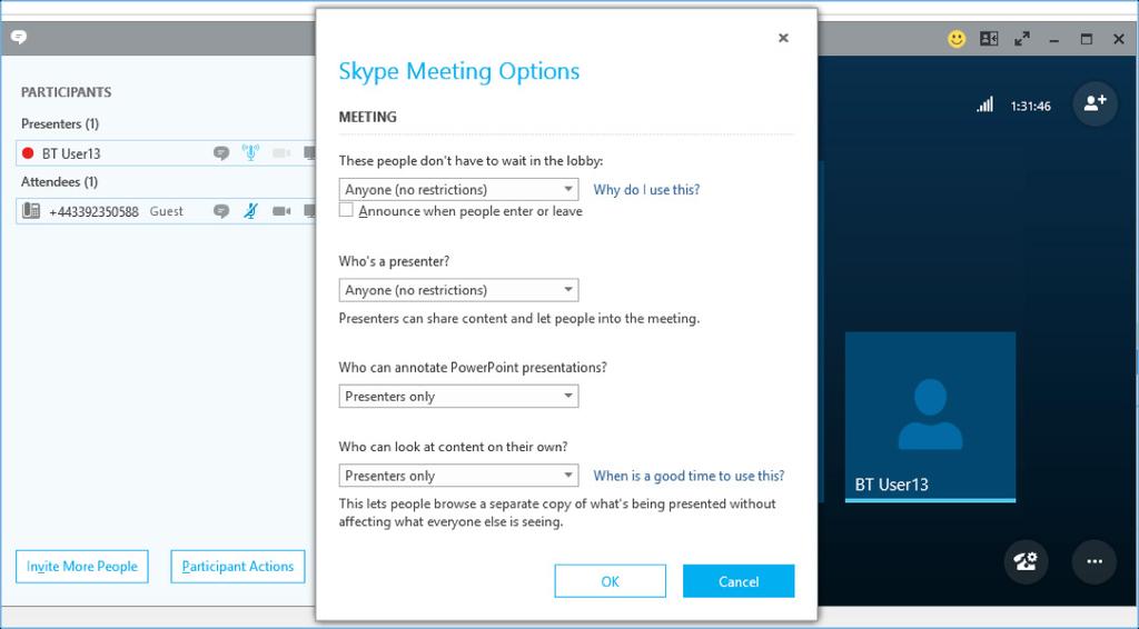 Skype Meeting Options continued Who can annotate PowerPoint presentations? You can set who can annotate the PowerPoint presentation while meeting.