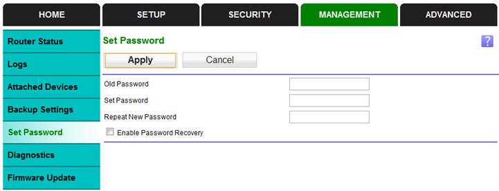 To change the password for the modem router user name: 1. Log in to the modem router. 2. Select MANAGEMENT > Set Password to display the Set Password screen: 3.