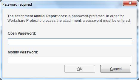The Password required dialog is displayed. Enter the Open or Modify passwords (or both) and click OK.