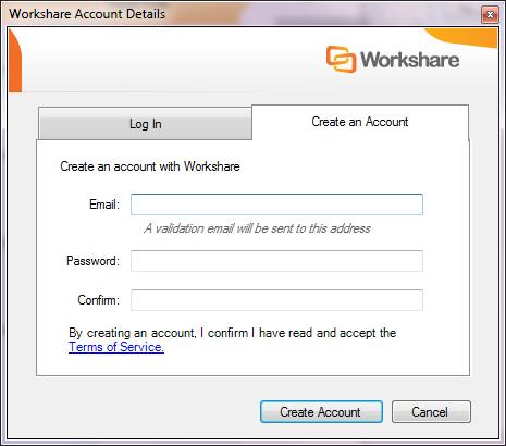 If you are new to Workshare, complete the Create an account tab by entering an email address and password to use as your Workshare login. Click Create Account.