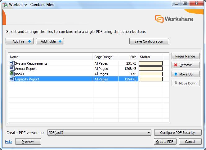 ADVANCED PDF FUNCTIONALITY PDF Combine Workshare Professional enables you to combine multiple files into a single PDF or PDF/A file.