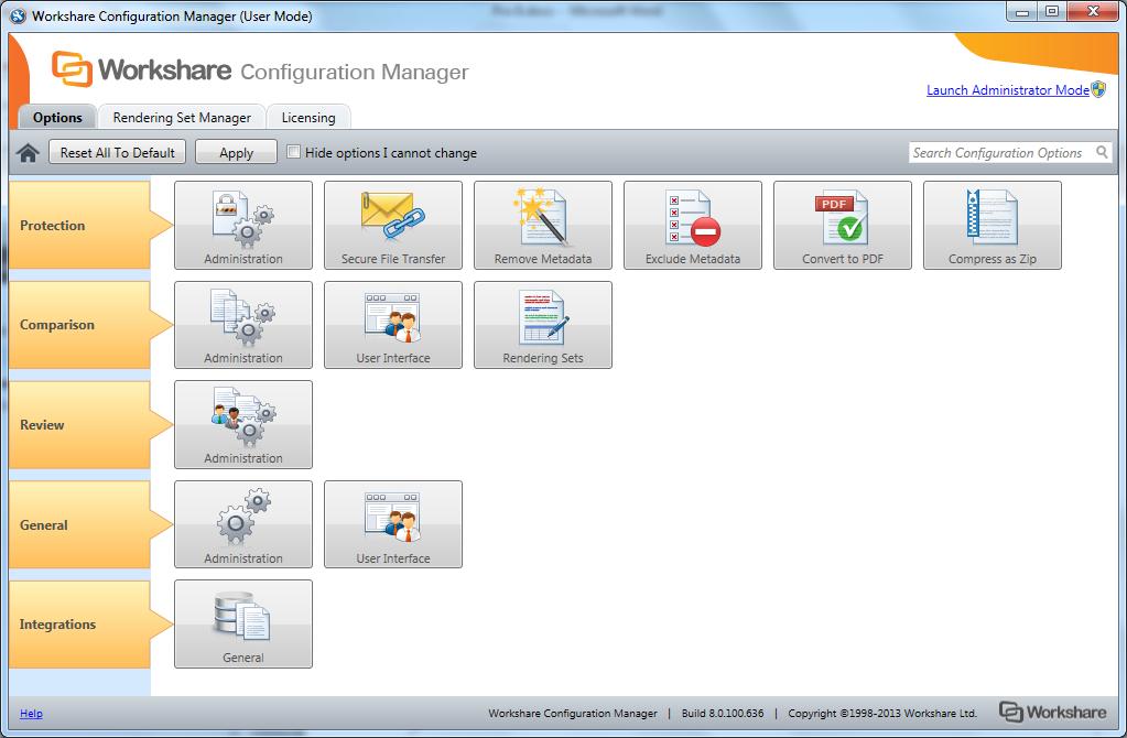 CONFIGURING WORKSHARE To access the Workshare Configuration Manager from the Start menu: From the Start menu, select All Programs > Workshare > Workshare Configuration.