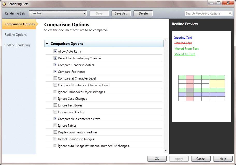 CONFIGURING RENDERING SETS After Running a Comparison In the Workshare Compare main window, click Edit in the Home ribbon (Rendering Sets group).