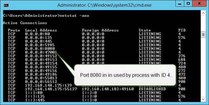 Do the following: 1. Open Command Prompt window. 2. Type in the following command: netstat -ano 3. The following is a screen shot from the machine, where Control Center has already been installed.