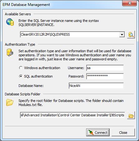 15. Run EPMDBInstall.exe. The application EPM Database Management will run. 16. Enter the name of the SQL server. Also provide the instance name, if necessary. 17. Configure the authentication type.