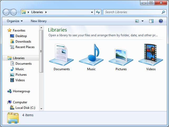 Open a library Open a library just like you would any other folder. 1. Click the Windows Explorer button on the taskbar. The Libraries window appears.