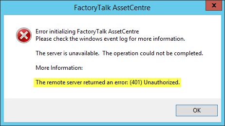 Troubleshoot FactoryTalk AssetCentre Chapter 12 The error message may appear when you have enabled Windows Authentication for FactoryTalk AssetCentre computers that are not added to a Microsoft