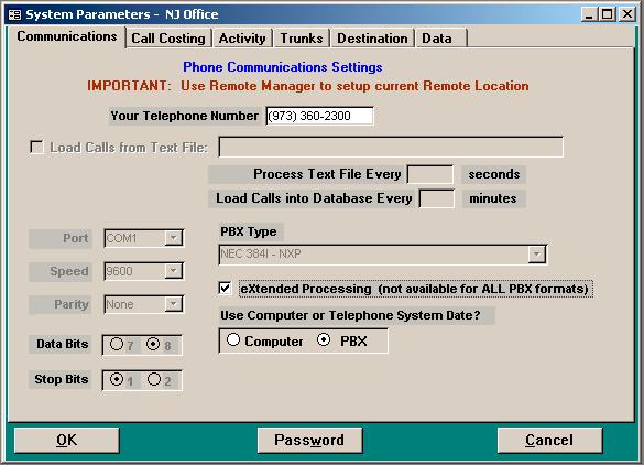 3. System Parameters allows you to configure various settings of Tapit system. It consists of five different screens: Communications, Call Costing, Activity, Trunks, Destination and Data.