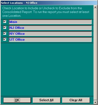 6. The Select Locations screen is displayed. 7. Select names of the remote sites you want to include in the report by clicking on the boxes adjacent to the names.