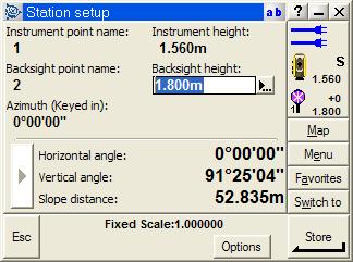 Field Sessions Session 1: Basic station setup, and topographic measurement 6. Aim to the backsight point and then tap m. The measurement result appears: 7.