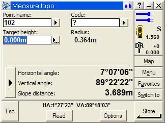 Field Sessions Session 1: Basic station setup, and topographic measurement The radius and measurement to the centre of the object (3) appears in the Measure topo dialog: 5. Tap s to store the point.