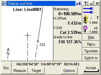 Field Sessions Session 3: Staking out points and lines b. Tap x and move about the line. Demonstrate how the graphic, and station and offset values update as you move: B Tip c.