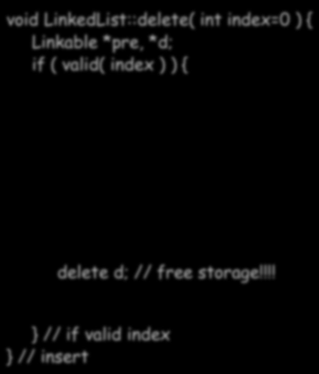 deleting void LinkedList::delete( int index=0 ) { Linkable *pre, *d; if ( valid( index ) ) { if ( index == 0 ) { // first element d = _first; case 1: delete first element _first = d->next(); //
