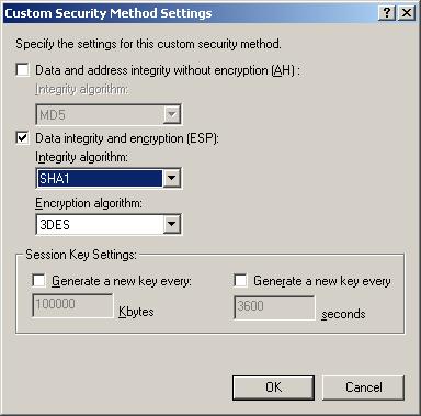 8. To continue to configure IPSec to use ESP with 3DES encryption, in Custom Security Method Settings, select the Data integrity and encryption (ESP) check box.