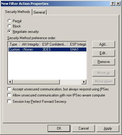 11. In the filter action properties dialog box, clear the Accept unsecured communication, but always respond using IPSec check box, and then click OK.