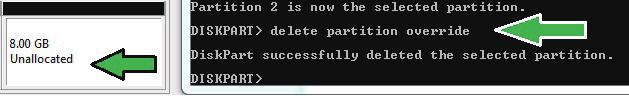 6. Įrašykite delete partition override ir paspauskite Enter.