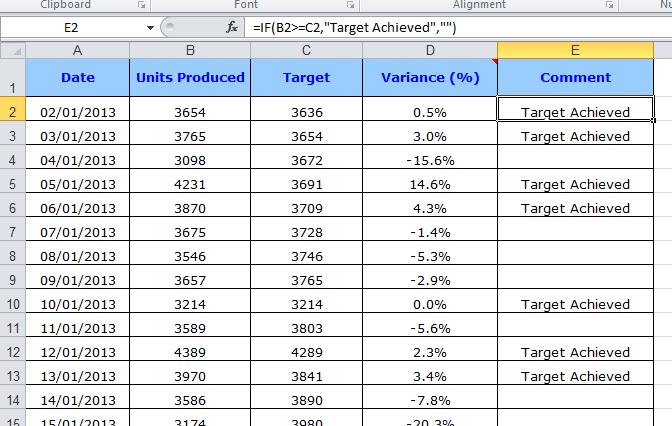 targets, have been achieved. The example above, uses an IF function (column E ) to check production figures.