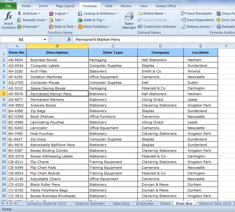 To work through the VLOOKUP function, the worksheet that holds the reference data i.e. the Item Nos sheet, must have the reference column i.e. Item No. as the first column, on the left of the main data (see above).