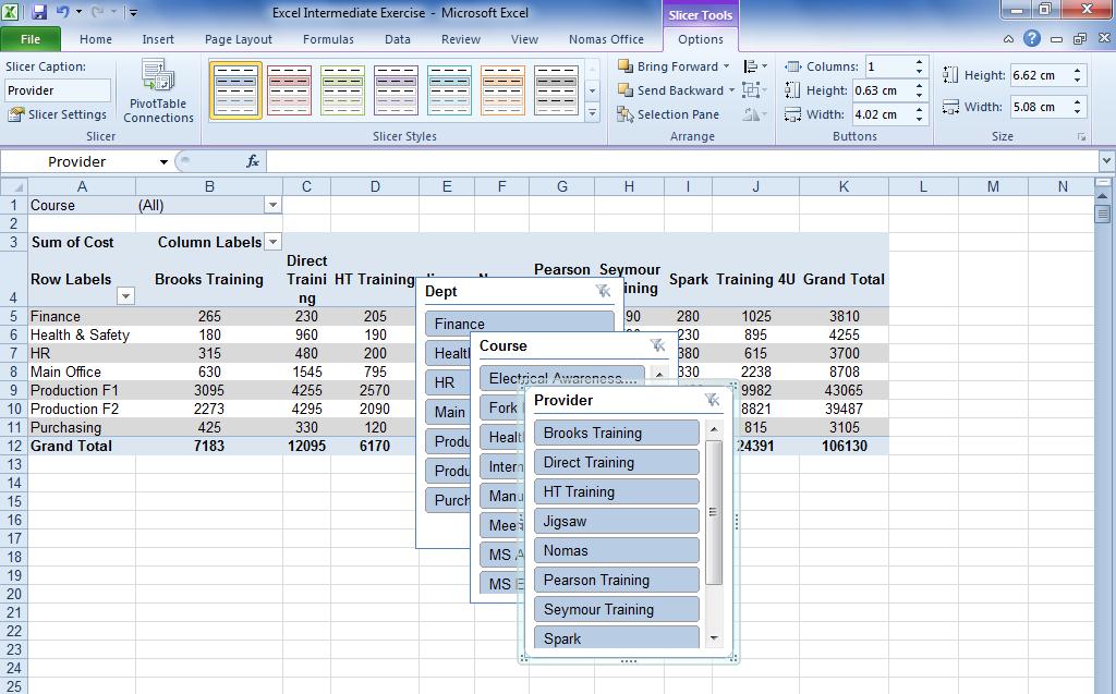 3 In the Insert Slicers dialog box, select the check box of the PivotTable fields for which you want to create a slicer. 4 Click OK. 5 A slicer is displayed for every field that you selected.