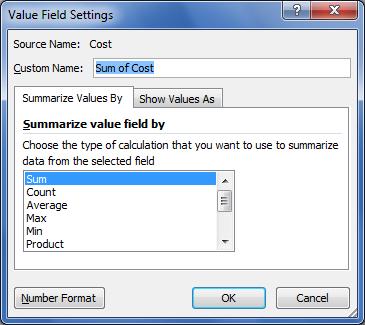 You can change the summary function or calculation type ; 1 Select a heading in the Values area of the Field List.