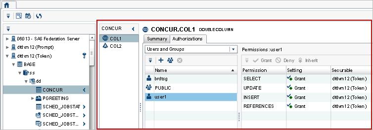98 Chapter 11 Configuring Row-Level Security Figure 11.1 Column Level Security Granting Security on a Column Use the following procedure to grant security for a column: 1.