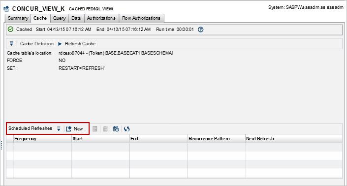 Refreshing Cached Data 91 Figure 10.4 Scheduled Refresh for Cache To schedule a refresh of a cache table: 1. Locate the cache table in the tree and click the Cache tab. 2.