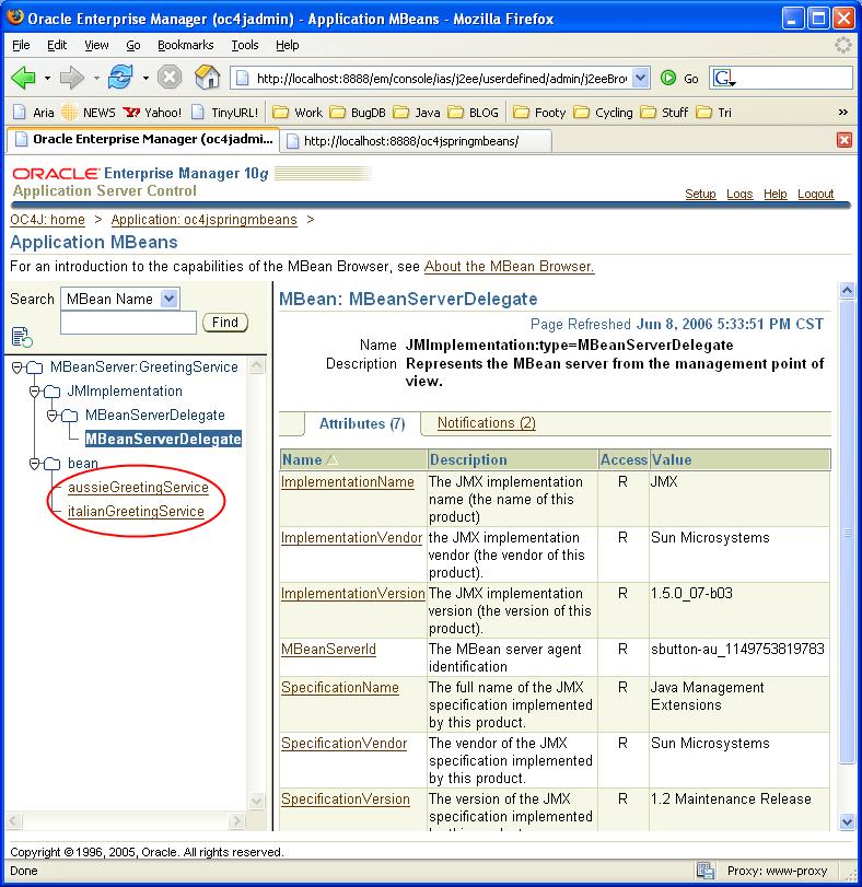 Selecting an MBean loads the dynamic MBean instance that was created from the Spring Bean interface into the browser.