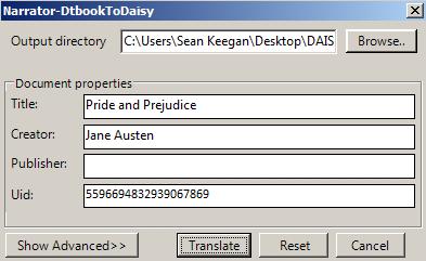 Press "Translate" to begin the process of converting the MS Word document into a fulltext/full-audio DAISY book.