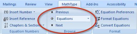 Browse by Equation In addition to setting the color for a MathType equation, it is also possible to navigate through the document from equation to equation and skipping the text-based content.