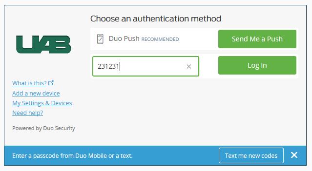 Figure 14: When Duo generates a passcode, return to the Duo login portal and type it into the Passcode field. iii.