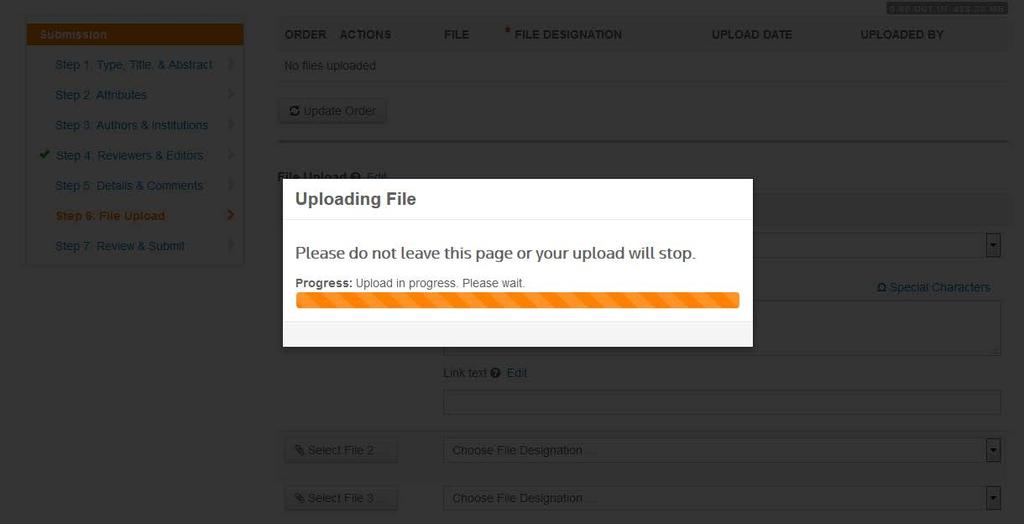 Clarivate Analytics ScholarOne Manuscripts Author File Upload Guide Page 5 Once the file upload has completed, you will see your files listed under the Files section.