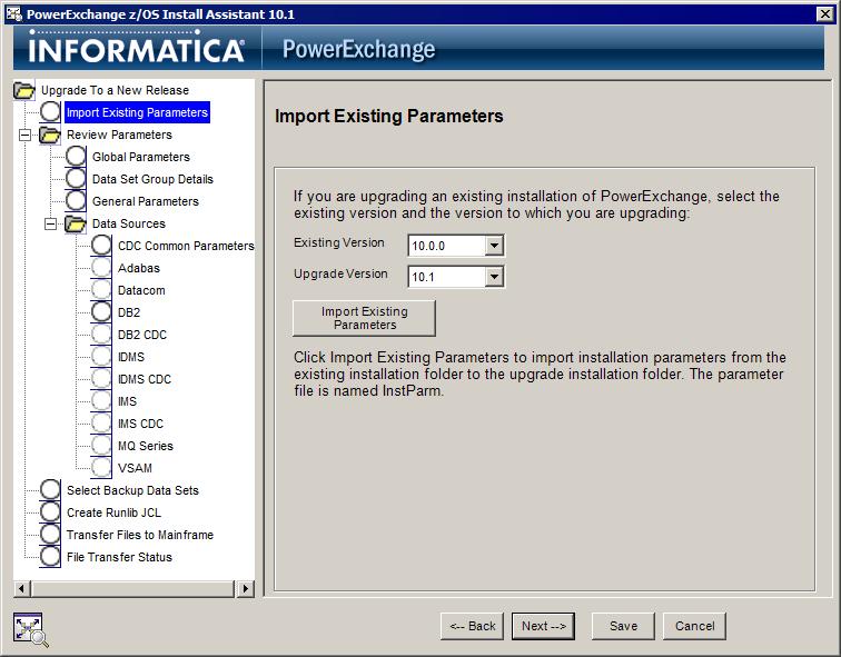 The Import Existing Parameters page appears: Depending on the upgrade option that you selected, proceed to one of the following steps: If you selected Upgrade by Using Existing Data Set Names, go to