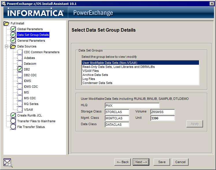 The Select Data Set Group Details page appears and is populated with the information that you entered: 6.