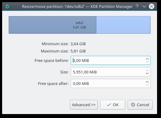 Be careful to make sure that the Free space before text field really does show 0 MiB because otherwise there will be a little free space left between the partitions that will then be wasted.