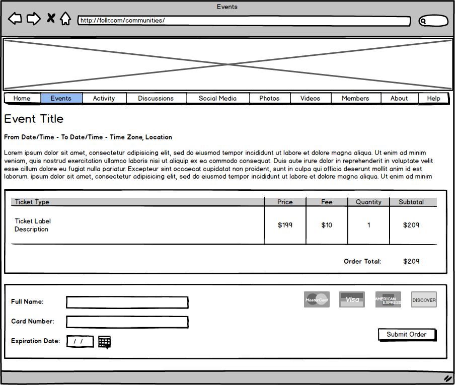 Wireframe: Event Purchase Summarize all pertinent event information to enable a confident purchase experience.