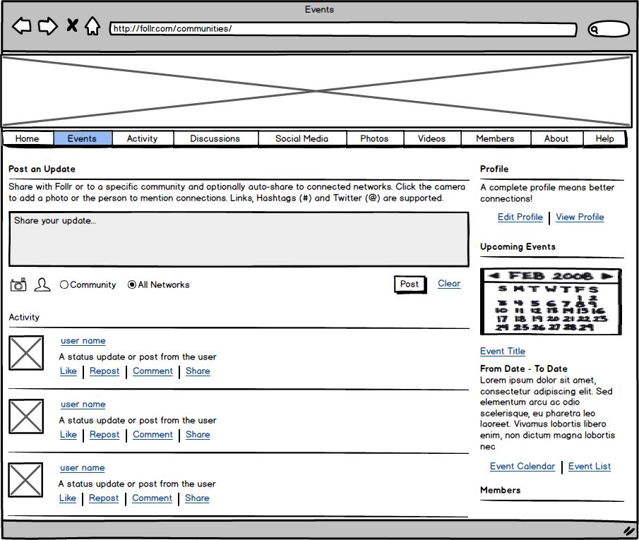 Wireframe: Event Home Upcoming sidebar module added to existing home page to make events more visible.