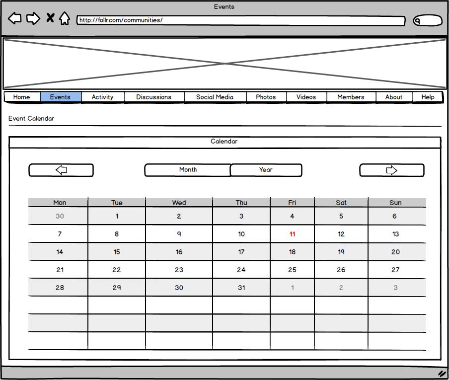Wireframe: Event Calendar Full page calendar with the soonest event determining the