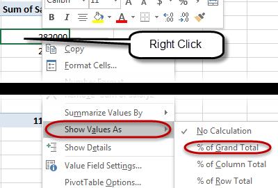 To change the display of the second Salary value to a percentage, right click on a cell in the Sum of Salary2 column, choose Show Values As and then choose %
