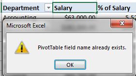 The PivotTable will now display the Departments, with the Total Salary per department, as well as the percentage of the total salary per department.