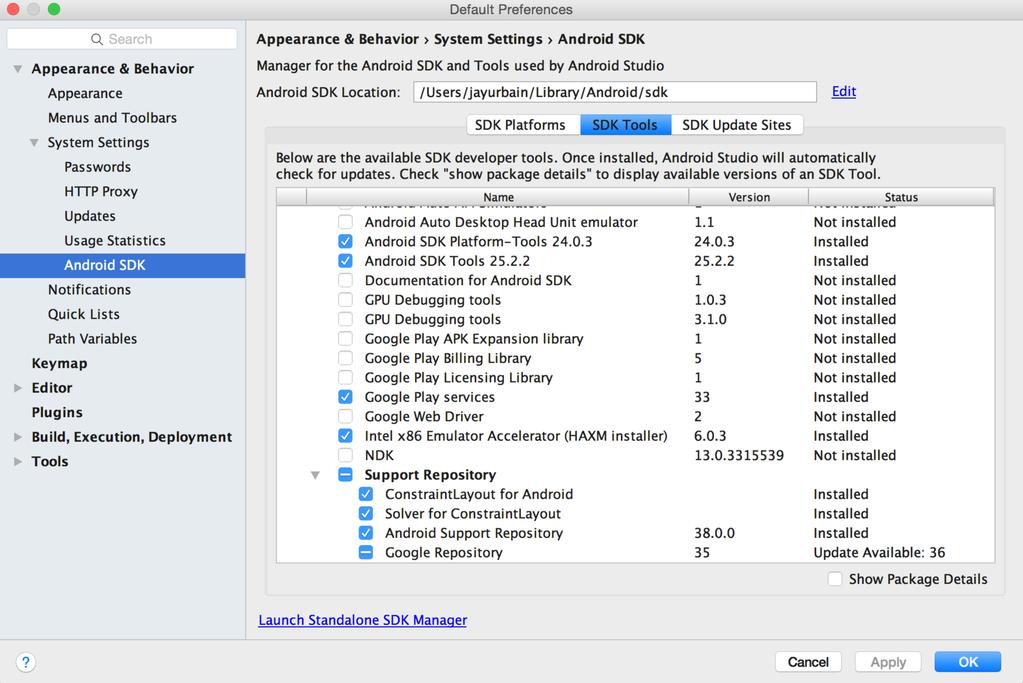 1) Setup Google Play services SDK (Android Studio) Open up the SDK Manager,