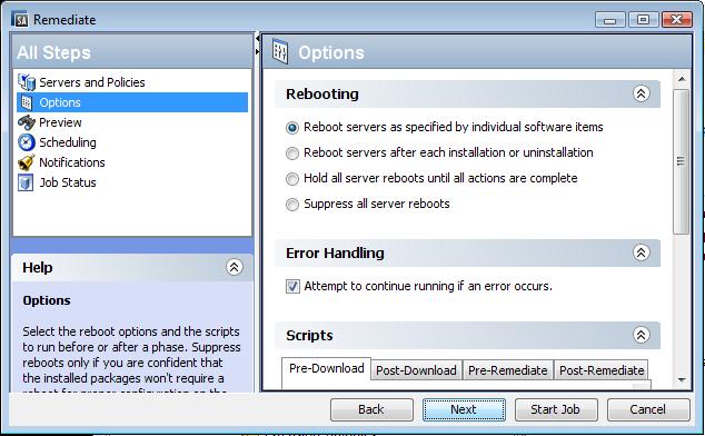 Rebooting Options window The following options in the Remediate wizard determine whether the servers are rebooted after the patch is installed.