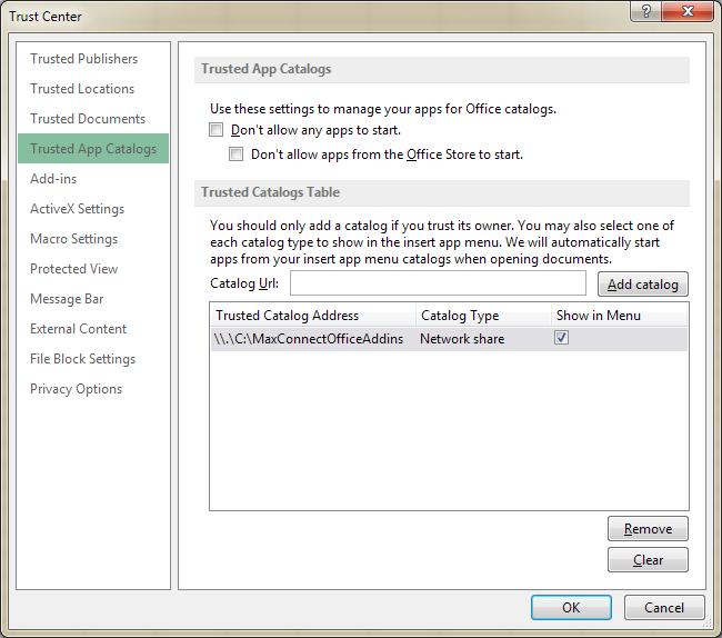 In Trust Center dialog, click Trusted App Catalogs tab. Enter the following URL into the Catalog URL field: \\.