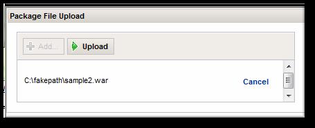 Deploying Applications and Content 6. Click the UPLOAD button to load the file and dismiss the window. 7. In the main form, select the repository where the WAR or EAR file package should be stored.