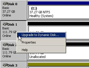The disks that will become the striped set should be empty. If they have any existing partition, remove it.