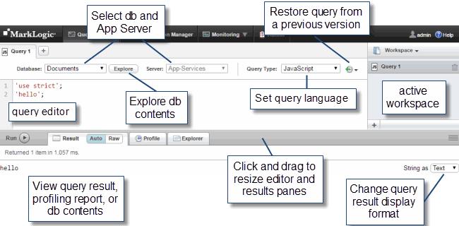 Introduction to Query Console The workspaces and queries created in Query Console are stored in MarkLogic Server, so they are available to you from any computer with access to your MarkLogic Server